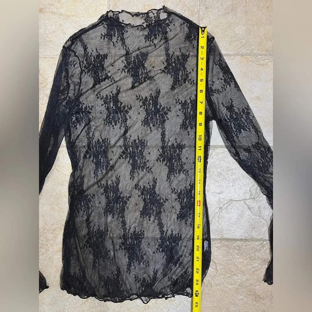 Sheer Mesh Floral Top Forest Fairy M Black Whimsigoth Lace Y2K Grunge Club Layer - Picture 9 of 9